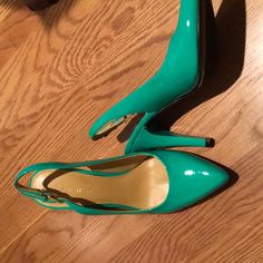 These Bright Green Sling Back Heels Have An Adjustable Strap, Covered 2.5 Inch Heel And Padded Instep. New Never Worn Green High Heel Slingback Pumps With Strap, Green Open Toe Slingback Pumps With 4-inch Heel, Green Slingback Pumps With 4-inch Heel For Formal Occasions, Green Slingback Pumps With 4-inch Heel For Formal Events, Green 4-inch Heel Slingback Pumps For Formal Occasions, Sling Back Heels, 5 Inch Heels, Apple Green, Sling Back