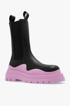 Upper, 100% calf skin Sole, 100% rubber | Bottega Veneta Women's Tire Chelsea Boot in Black/Pink | FW23/24 Designer Pointed Toe Boots With Rubber Sole, Designer Boots With Rubber Sole And Pointed Toe, Designer Platform Boots With Leather Sole And Round Toe, Designer Platform Boots With Round Toe, Calf Leather Boots With Rubber Sole And Flat Heel, Designer Platform Boots With Reinforced Heel And Round Toe, Designer Closed Toe Boots With Rubber Sole, Pink Leather Ankle-high Platform Boots, Pink Ankle-high Leather Platform Boots