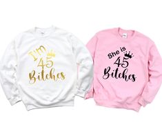 45th Birthday Hoodie, 45th Birthday Gifts, Hello 45 Hoodie, I'm 45 Bitches Sweatshirt, She's 45 Bitches Hoodie, 45th Birthday Gift for Women, 45th Birthday Sweatshirt for Women *HOW TO ORDER: 1. Please, Check and Review all Photos and Size Charts (The V-necks and Tank Tops are Women's Size, The other styles are Unisex) 2. Choose Your T-Shirt Color/Size (You can see youth and toddler options in the same drop-down menu) 3. Choose Your Quantity as much as you want. 4. Click "Add To Cart". For multiple items go back to the listing and repeat the steps. *T-SHIRTS QUALITY: The T-Shirts are relax fitted.  Black, Navy and White t-shirts are 100% cotton. Other colors are cotton/poly blend. Sweatshirts are 50/50 cotton/polyester.  * PROCESSING & SHIPPING: Processing is 1-2 days. First Class Shipping 45th Birthday Gifts, 55th Birthday Gifts, 65th Birthday Gift, Woman Birthday, 90th Birthday Gifts, Hoodie Hood, Girl Hoodie, Birthday Sweatshirt, Bday Gift