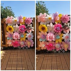 there are two pictures of flowers made out of paper machs on the side of a fence