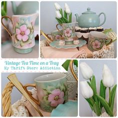 a collage of photos with tea cups and flowers