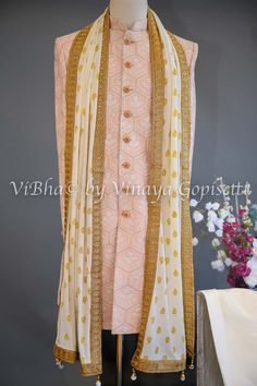 Pristine Peach Silk Thread Embroidered Sherwani Set White Thread Embroidery, Embroidered Sherwani, Thread Embroidery, Fancy Sarees, White Silk, Silk Thread, Floral Designs, Indian Bride, Pocket Square