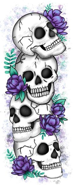 three skulls with purple flowers on their heads and one skull is in the middle of it