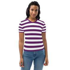 Elevate your casual style with our Purple and White Striped T-shirt for Women. Crafted from a luxurious blend of 95% polyester and 5% elastane, this tee offers supreme comfort and flexibility. Available in sizes XS to 2XL, it suits every body type. The four-way stretch fabric ensures a perfect fit, while the premium knit mid-weight jersey promises durability and style that lasts. Embrace the trendy stripes and experience the perfect balance of fashion and comfort in this versatile T-shirt. See m White Horizontal Stripe T-shirt For Summer, White T-shirt With Horizontal Stripes For Summer, Casual Fitted Tops With Horizontal Stripes, Fitted Horizontal Stripe Crew Neck Top, Vertical Striped Fitted Tops, Sporty Striped Crew Neck T-shirt, White Vertical Stripes Summer T-shirt, White Vertical Stripes T-shirt For Summer, White Vertical Striped T-shirt For Summer