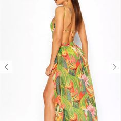 Boohoo Tropicana Cut Out Maxi Beach Dress Size S Beachy Maxi Dress With Tropical Print For Beach Cover-up, Bohemian Sleeveless Beach Dress With Tropical Print, Green Printed Summer Maxi Dress, Tropical Dress With Vibrant Print For Day Out, Tropical Multicolor Dress With Palm Tree Print, Tropical Multicolor Palm Tree Print Dresses, Bohemian Sleeveless Maxi Dress With Tropical Print, Printed Sundress For Beach Season Cover-up, Tropical Print Maxi Dress For Beach Day Out