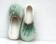 Gorgeous painted felted slippers Comfortable Green Indoor Slippers, Comfortable Green Closed Toe Slippers, Green Flat Slippers With Rubber Sole, Green Slip-on Slippers With Soft Sole, Casual Green Slippers With Soft Sole, Green Non-slip Closed Toe Slippers, Green Rubber Sole Slippers For Spring, White Comfortable Slippers For Gift, Handmade White Slippers With Round Toe