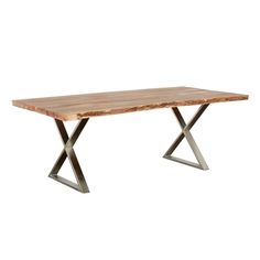 a wooden table with metal legs and a wood slab on the top, against a white background