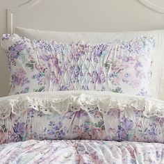 The delightfully dreamy florals in hues of lavender and soft pink make this comforter set a sweet touch to their sleep space. This enchanting bedding is woven from pure cotton for supreme softness, comfort and durability and designed exclusively for Pottery Barn Kids by lifestyle brand LoveShackFancy. DETAILS THAT MATTER Comforter is hand-tufted and made of 100% cotton. Comforter is filled with 250-gram weight, 100% polyester batting. Comforter and shams reverses to a contrast back; quilted sham Pottery Barn Kids Butterfly Bedding, Cottage Core Home, Lavender Room, Floral Bedspread, Gold Bed, Floral Comforter, Shared Room, Girly Room, Floral Bedding