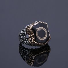 This special ring will be best part of your collection. This is a customization available vintage pagan statement ring for men. You can make customization on the top symbol. Can be Odin's bird Raven and Valknut, symbol of natural balance Thors Hammer, Gungnir, Vegvisir and troll cross etc..Please contact for your customization details. Looking for a unique, one of a kind GIFT FOR HIM, groomsman gift, father's day gift, teacher day gift? Look no further. This cool gemstone ring is the right answe Symbolic Open Ring Metal Jewelry, Symbolic Jewelry With Open Metal Ring, Spiritual Black Engraved Sterling Silver Ring, Symbolic Engraved Open Ring Jewelry, Spiritual Open Ring Jewelry With Ring Detail, Spiritual Engraved Open Ring Jewelry, Adjustable Engraved Snake Ring, Symbolic Black Promise Ring Jewelry, Symbolic Black Jewelry For Promise Ring