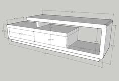 a drawing of a white entertainment center with drawers and shelves on the bottom, along with measurements