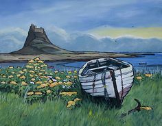 a painting of a boat sitting in the grass