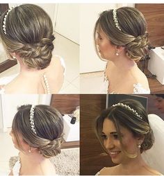 four different pictures of a woman with hair in a bun and pearls on her head