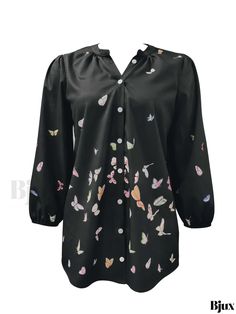 Bjux - V Neck Button Front Butterfly Print Blouse with Lantern Sleeves - Womens Casual Fashion Spring Black Blouse With Buttons, Casual Patterned Blouse With Buttons, Spring Patterned Blouse With Buttons, Womens Casual Fashion, Fall Care, Womens Casual, Print Blouse, Lantern Sleeves, Butterfly Print