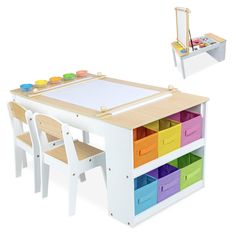 a child's desk and chair with an easel on the top, painted in bright colors