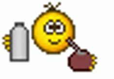 an emoticive smiley face holding a spray bottle