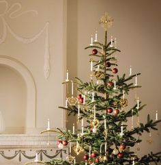 a decorated christmas tree in front of a fireplace