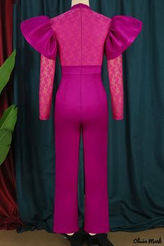 Olivia Mark - Patchwork Half-Turtleneck Straight Jumpsuit in Rose Red Hue Women Long Sleeve Jumpsuit, Retro Suits, Designer Jumpsuits, Puff Long Sleeves, Women Wholesale, Long Sleeve Jumpsuit, Long Jumpsuits, Lace Ruffle, Women Lace