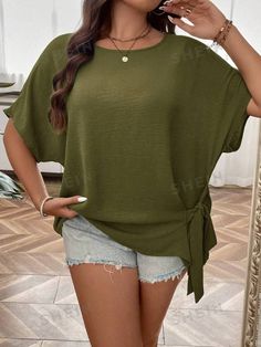 SHEIN LUNE Plus Size Summer Casual Solid Color Batwing Sleeve Top With Tied Straps | SHEIN USA Short Sleeve Drawstring Top For Vacation, Short Sleeve Top With Drawstring For Vacation, Beach Top With Drawstring, Short Sleeve Drawstring Top For Beach, Casual Tied Tops For Beach, Casual Beach Tops With Tied Details, Drawstring Short Sleeve Tops For Beach, Casual Long Sleeve Tied Top, Casual Long Sleeve Top With Tied Detail