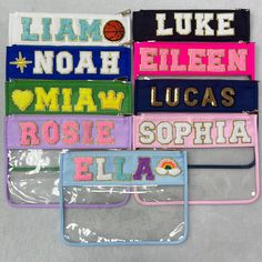 Customize your name on this clear PVC makeup bag! Stylish and practical, it's perfect for organizing your beauty essentials. Made from durable, transparent material, it allows easy access while adding a personal touch with your custom name. Ideal for travel or everyday use! How to Order: 1. Choose the color of the bag. 2. Select the number of patches:    For example, MIA + crown + heart, you should select 5 letters / ELLA + rainbow, you should select 5 letters. 3. Provide the necessary informati Bag With Patches, Clear Pouch, Letter Patches, Varsity Letter, Transparent Material, Clear Bag, Bridal Gift, Clear Bags, Toiletry Storage