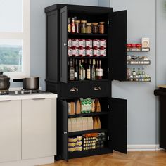 an open cabinet with spices and condiments in it