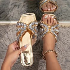 Super Cute And Stylish Ships In 5-10 Business Days Tags: #Shoes #Heels #Party #Newyears #Holiday #Sandals #Gold #Beautiful #Glitter Bohemian Beach Style, Vacation Shoes, Women Flat Sandals, Back To School Shoes, Rose Shoes, Rhinestone Flats, Beautiful Sandals, Rhinestone Sandals, Pink Lady