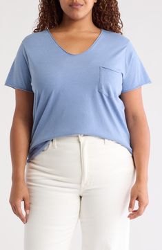 Find comfort in this soft cotton-blend top designed with rolled edges and a chest pocket. V-neck Short sleeves Chest pocket 56% cotton, 44% spandex Hand wash, dry flat Imported Blue V-neck Top With Pockets, Basic Tops With Pockets For Everyday, Everyday Basic Tops With Pockets, Basic Everyday Tops With Pockets, Spring Blue Tops With Side Pockets, Casual V-neck Tops With Side Pockets, Relaxed Blue Tops With Pockets, Everyday Tops With Pockets And Shirttail Hem, Relaxed Fit Cotton Tops For Everyday