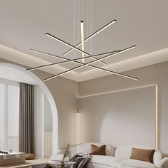 a living room filled with white furniture and lots of lights hanging from it's ceiling