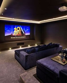 a home theater with two couches and a large screen