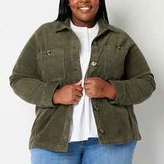 This St. John's Bay women's plus shirt jacket has a classic style nd texture you'll want to wear season after season. Crafted from corduroy, this midweight jacket has a button-front closure, chest pockets and a point collar. Wear it over a fitted top with pants or jeans.Closure Type: ButtonFit: Regular FitPockets: 2 Chest Button PocketsSleeve Length: Long SleeveWarmth Factor: MidweightApparel Length: 30 Inches - FrontOuterwear Length: MidFiber Content: 98% Cotton, 2% SpandexFabric Description: C Olive Green Jackets, Green Suede Jacket, Top With Pants, Cool Coats, Olive Green Jacket, Army Green Jacket, Tan Jacket, Peacoat Jacket, Jean Jacket Women