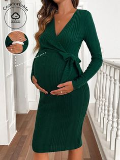 1pc Pregnant Women V-Neck Solid Color Long Sleeve Side Knot Fitted Elegant Dress, Autumn Green Casual  Long Sleeve Knitted Fabric Plain Tunic Slight Stretch  Maternity Clothing, size features are:Bust: ,Length: ,Sleeve Length: Long Sleeve Elegant Dresses, Plain Tunic, Autumn Green, Dress Autumn, Maternity Clothing, Women Legs, Collars For Women, Women's Shapewear, Floral Print Shorts