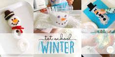 a collage of photos with snowmen and other activities