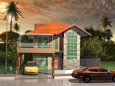 two cars are parked in front of a house with an orange roof and palm trees