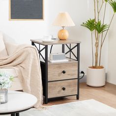 a living room with a couch, coffee table and potted plant on the side