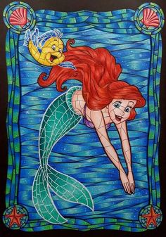 the little mermaid is swimming in the ocean with her fish and starfish on it's tail