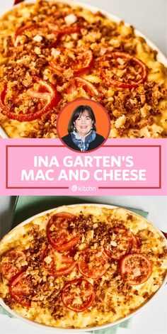 two pizzas with toppings on them and the words ina garten's mac and cheese