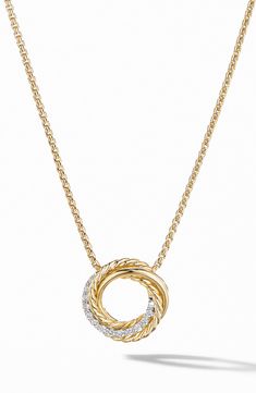 18-karat yellow gold. Pavé diamonds, 0.12 total carat weight. Total length, 17 inches. Pendant, 14mm. Lobster clasp closure. Made in the USA. Style Name:David Yurman Crossover Mini Pendant Necklace In 18K Yellow Gold With Diamonds. Style Number: 5893637. David Yurman Necklace, Accessories Necklaces, Dr Closet, Dainty Initial Necklace, Delicate Pendant, Name Pendant, Dragon Necklace, Knot Necklace, Swirl Design