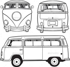 an old vw bus and a van in black and white - miscellaneous objects illustrations