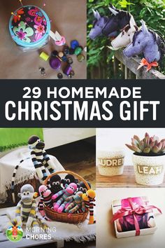 the cover of 29 homemade christmas gifts with pictures of toys and decorations in them, including an ornament