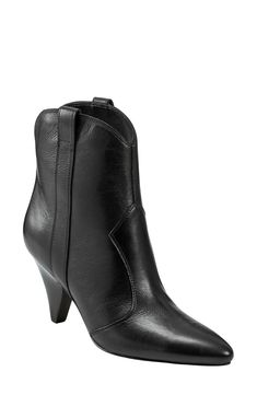 A curved topline and side pull-tabs underscore the Western inspiration behind this rich leather bootie elevated by a cone heel. 3 1/2" heel (size 8.5) 5" shaft Leather upper/synthetic lining and sole Imported Chic Ankle Heeled Boots With Heel Pull Tab, Chic Heeled Ankle Boots With Pull Tab, Chic Ankle Boots With Heel Pull Tab, High Heel Boots With Heel Pull Tab For Work, Elegant High Heel Boots With Heel Pull Tab, Elegant High Heeled Boots With Heel Pull Tab, Chic Almond Toe Heeled Boots With Heel Pull Tab, Classic Fall Boots With 4-inch Heel, Classic Office Boots With 4-inch Heel