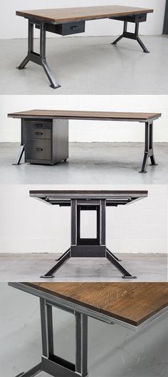 three different views of the same table with two drawers on each side and one drawer at the top