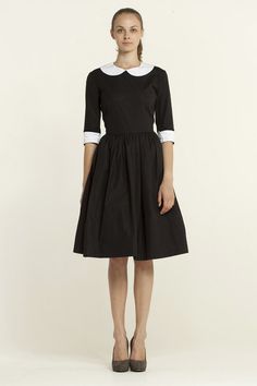 Cotton Fit And Flare Dress For Daywear, Fitted Vintage Cotton Midi Dress, Fitted Cotton Vintage Midi Dress, Fitted Cotton Vintage Dress Midi Length, Fitted Cotton Midi Length Vintage Dress, Cotton Fit And Flare Dress With Lining, Classic Knee-length Cotton Dress, Fitted Dresses With Peter Pan Collar For Vintage Fashion, Fitted Dress With Peter Pan Collar In Vintage Style