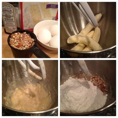 four pictures showing the process of making banana bread in a pot with eggs and flour