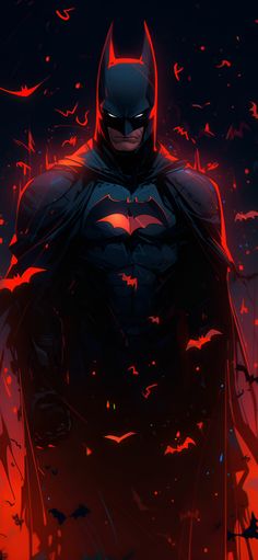 a batman standing in the dark with bats all over it's face and chest