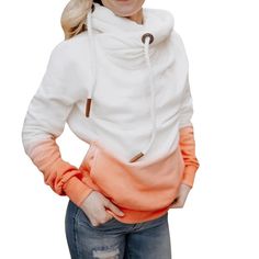 Contrast Stitching Hooded Turtleneck Sweater Women Casual Solid Contrast Long Sleeve Hoodie Sweatshirt Tops Female Hooded Jumper Hooded Drawstring Top For Winter, Winter Hooded Top With Drawstring, White Hooded Sweater With Drawstring, White Hoodie Sweatshirt With Drawstring, White Winter Sweatshirt With Drawstring, White Drawstring Sweatshirt For Winter, Winter White Sweatshirt With Drawstring, Winter Fleece Tops With Drawstring, Winter Color Block Hooded Jacket With Long Sleeves