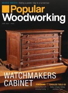 the cover of popular woodworking magazine, featuring an old dresser with drawers on it