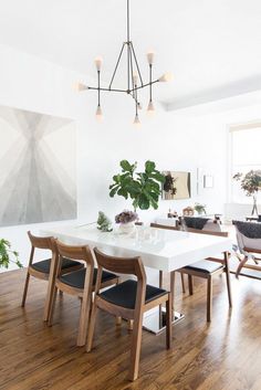 a dining room table with four chairs and a potted plant in the center, on top of a hard wood floor