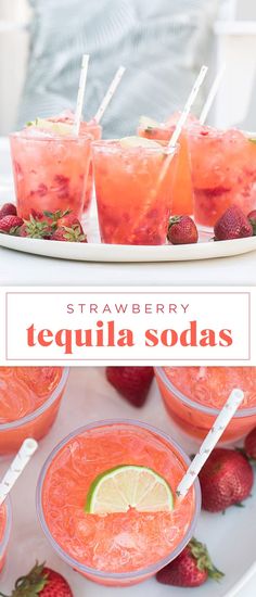 strawberry tequila sodas with strawberries and lemon wedges on a white platter