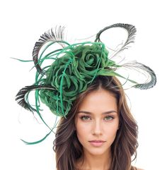 Forest Grass Dark Green Peacock Teal Statement Hatinator Womens Kentucky Derby Hats Wedding Royal Ascot Fascinator Headpiece Ladies Day Headwear Katie Silk and Peacock Feather Fascinator **REGARDLESS OF COLOUR CHOICE PEACOCK FEATHERS WILL BE GREEN** Grass Dark Green Peacock Feathers & Sinamay Fascinator Gorgeous grass green silk roses trimmed with lots of curled peacock feathers. This peacock and green fascinator is mounted with a matching headband. If you prefer a headband to match your hair, p Green Headband For Royal Ascot Wedding, Green Headband For Wedding At Royal Ascot, Green Wedding Headband For Royal Ascot, Green Structured Crown Headpiece For Wedding, Feather Headpiece For Kentucky Derby Races, Feather Headpieces For Kentucky Derby Races, Whimsical Green Headpiece For Parties, Feathered Headpiece For Royal Ascot Races, Feathered Fascinator For Garden Party