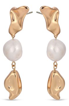 Molten drops frame luminous cultured freshwater pearls on light-catching linear earrings plated in gleaming 18-karat gold. 2 3/8" drop; 3/8" width Pearl size: 8-11mm Post back 18k-gold plate/cultured freshwater pearl Imported Linear Earrings, Earrings In Gold, Freshwater Cultured Pearls, Pearl Size, Fresh Water, Freshwater Pearls, 18k Gold, Gold Plate, Plating