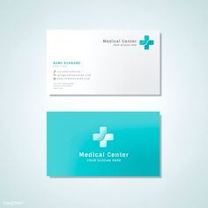 a medical center business card with a blue cross on the front and white letters on the back